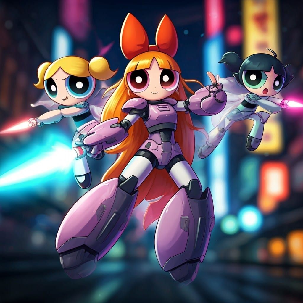 Powerpuff Girls in Mecha Suits with Neon Bokeh