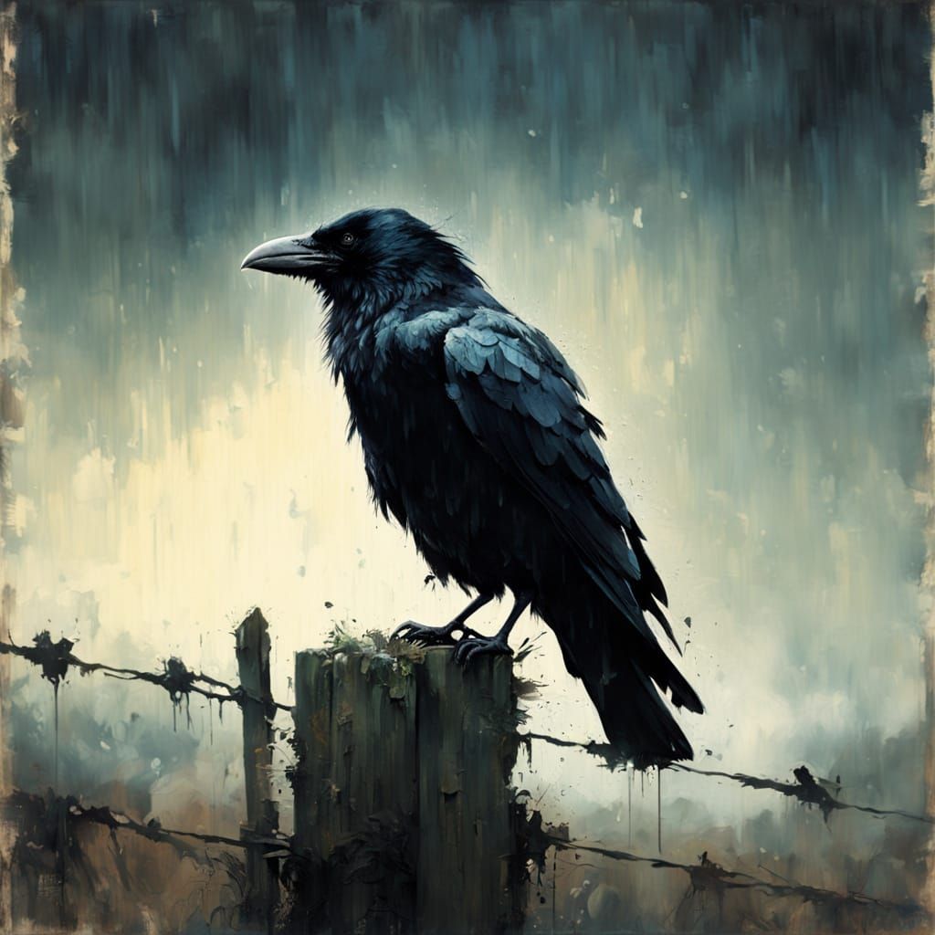 Moody Farm Scene with Crow in Dramatic Lighting
