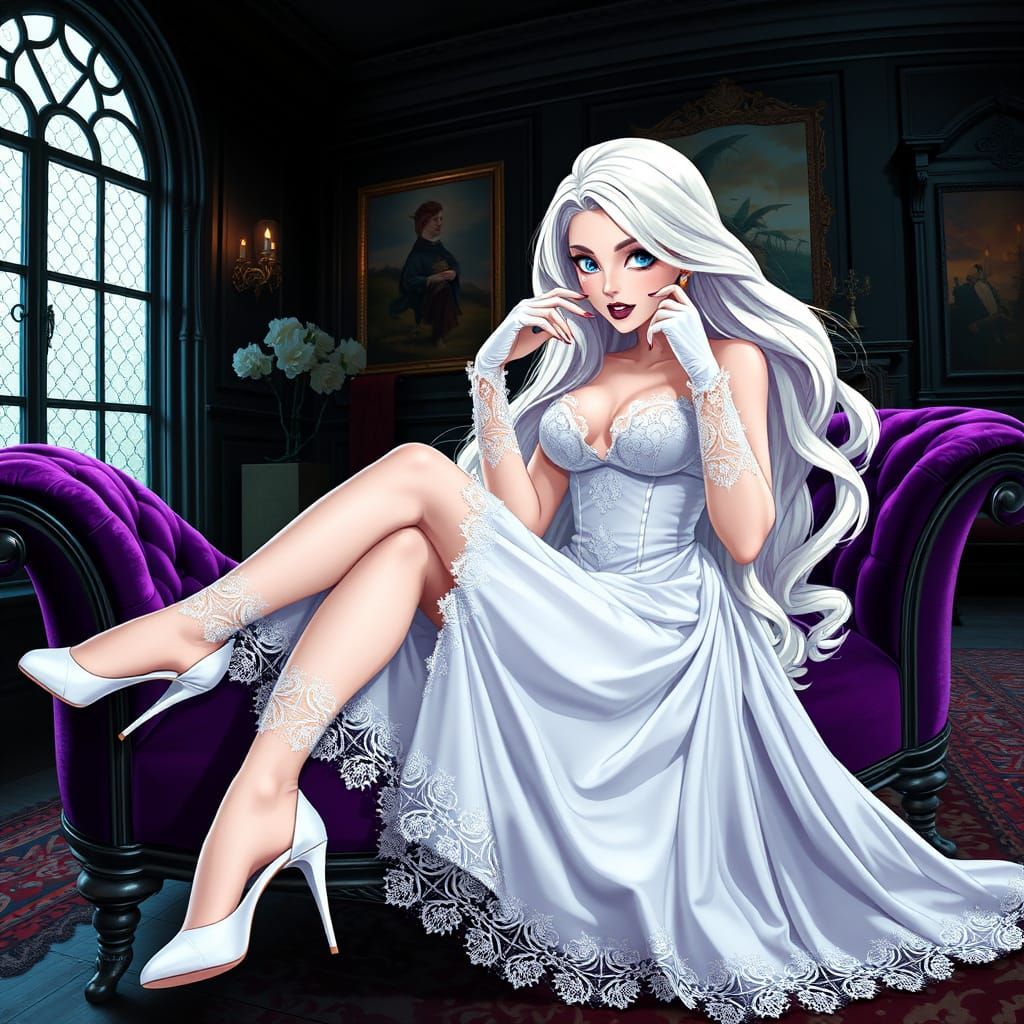 Vampire Woman in Victorian Gothic Living Room, Semi-Anime St...