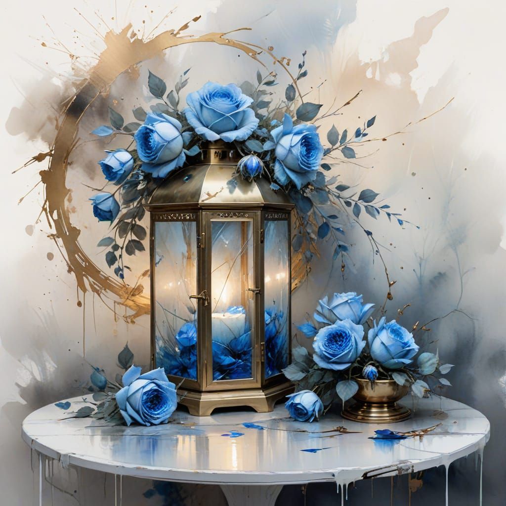 Ethereal Lantern Wreath with Blue Roses