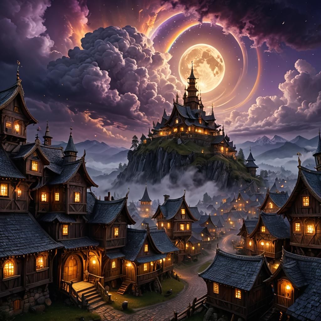 Steampunk Village Under Smoky Moonlight: Digital Illustratio...