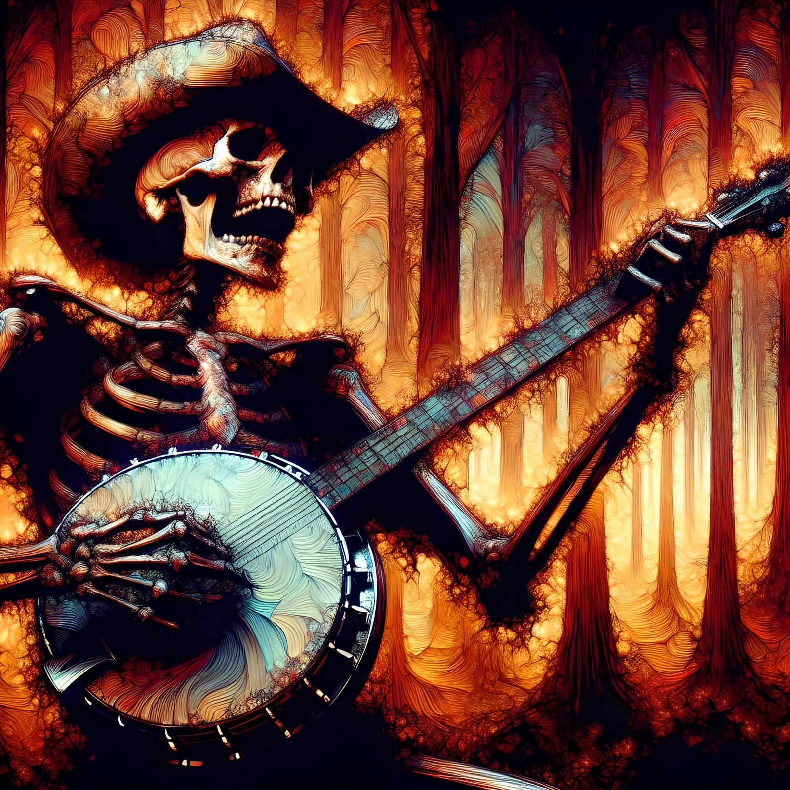Cowboy Skeleton Plays Banjo in Ominous Forest