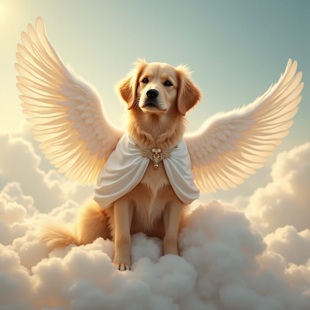 Golden Retriever in Ethereal Landscape with Majestic Wings