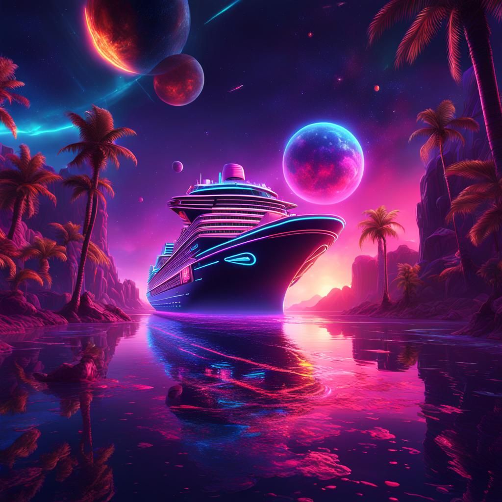 Neon Space Cruise Ship and Planet in Space