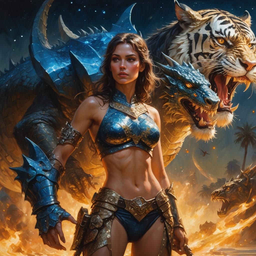 Armored Woman with Dragon and Tiger, Fantasy Art