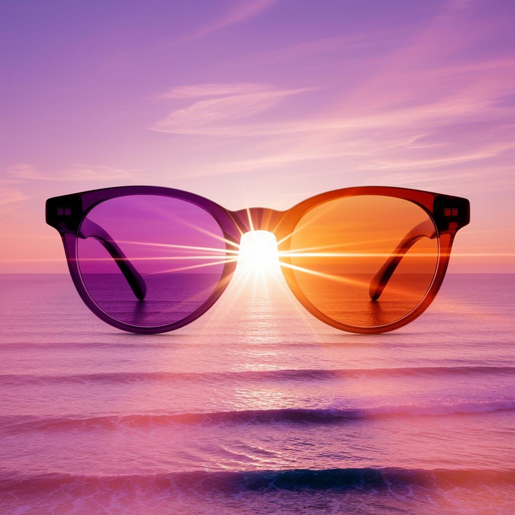 Eyeglasses Double Exposure Over a Sunset Seascape