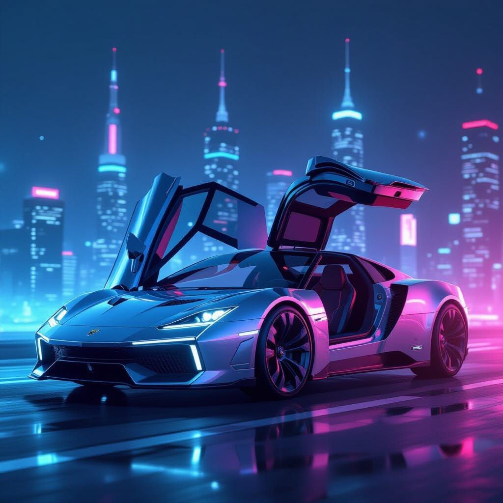 Futuristic Cybercar with Gull-Wing Doors in Cyberpunk Style