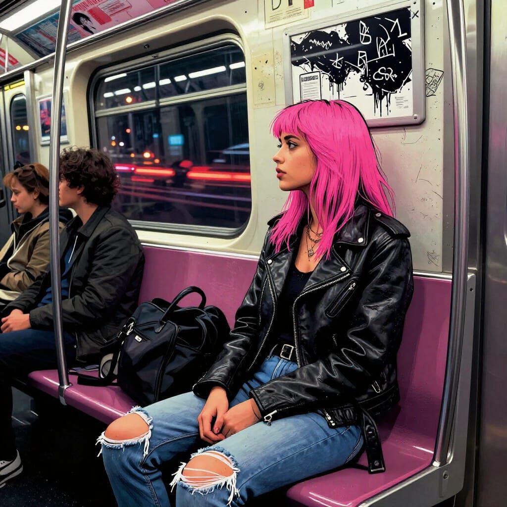 Pink-Haired Woman on Crowded Metro Train
