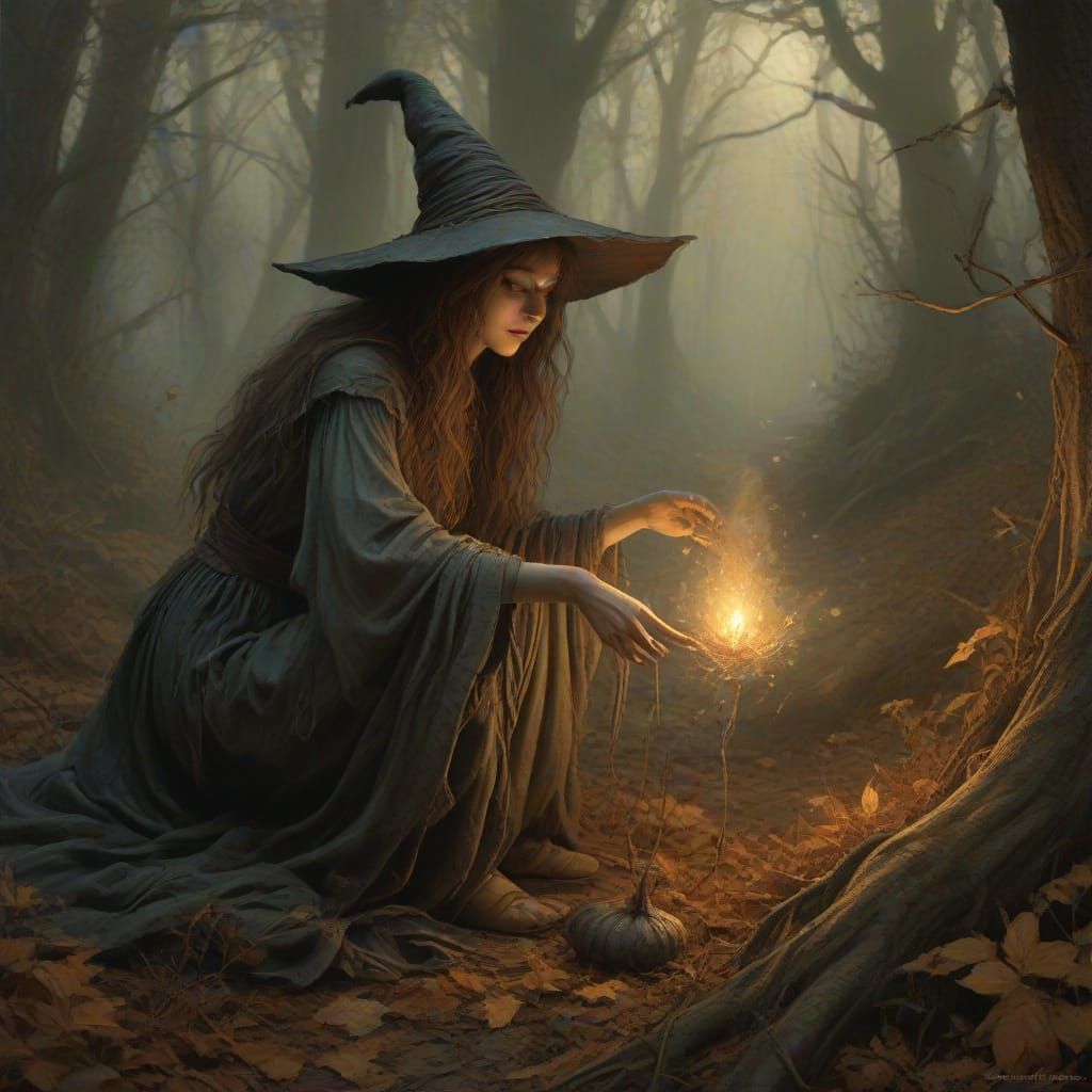 Witch Gathering Herbs in Misty Autumn Forest