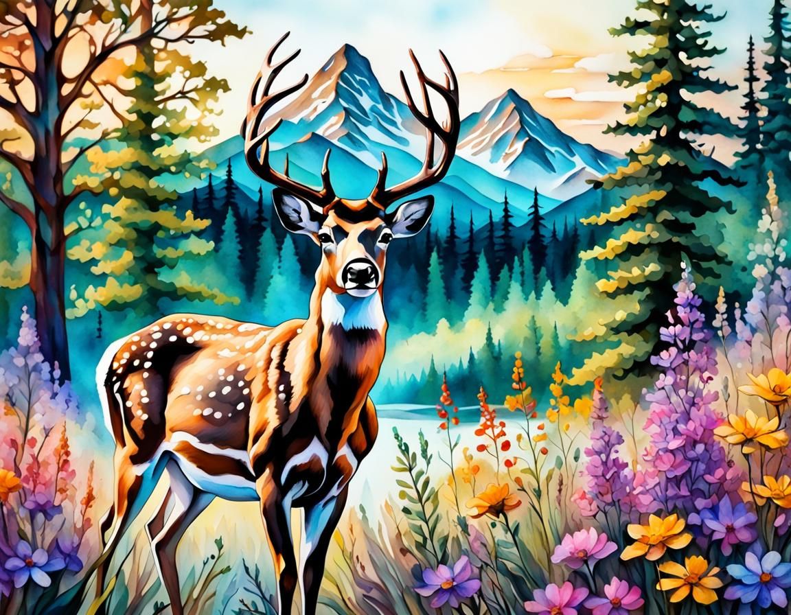 Whitetail Deer in Mountain Forest, Alcohol Ink Art