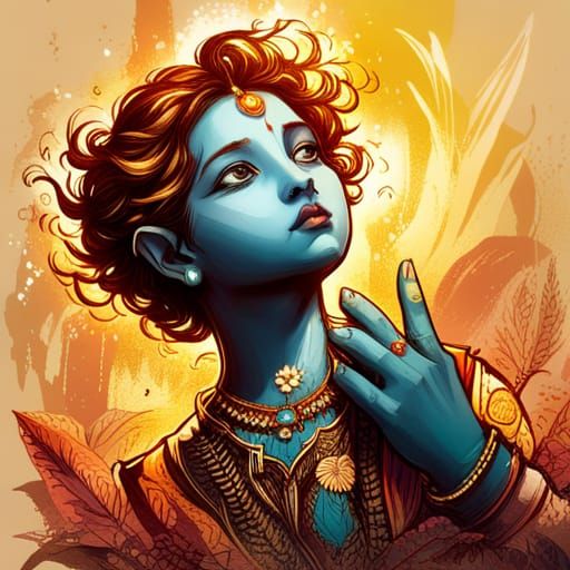Luminous Lord Krishna Digital Painting with Golden Outlines