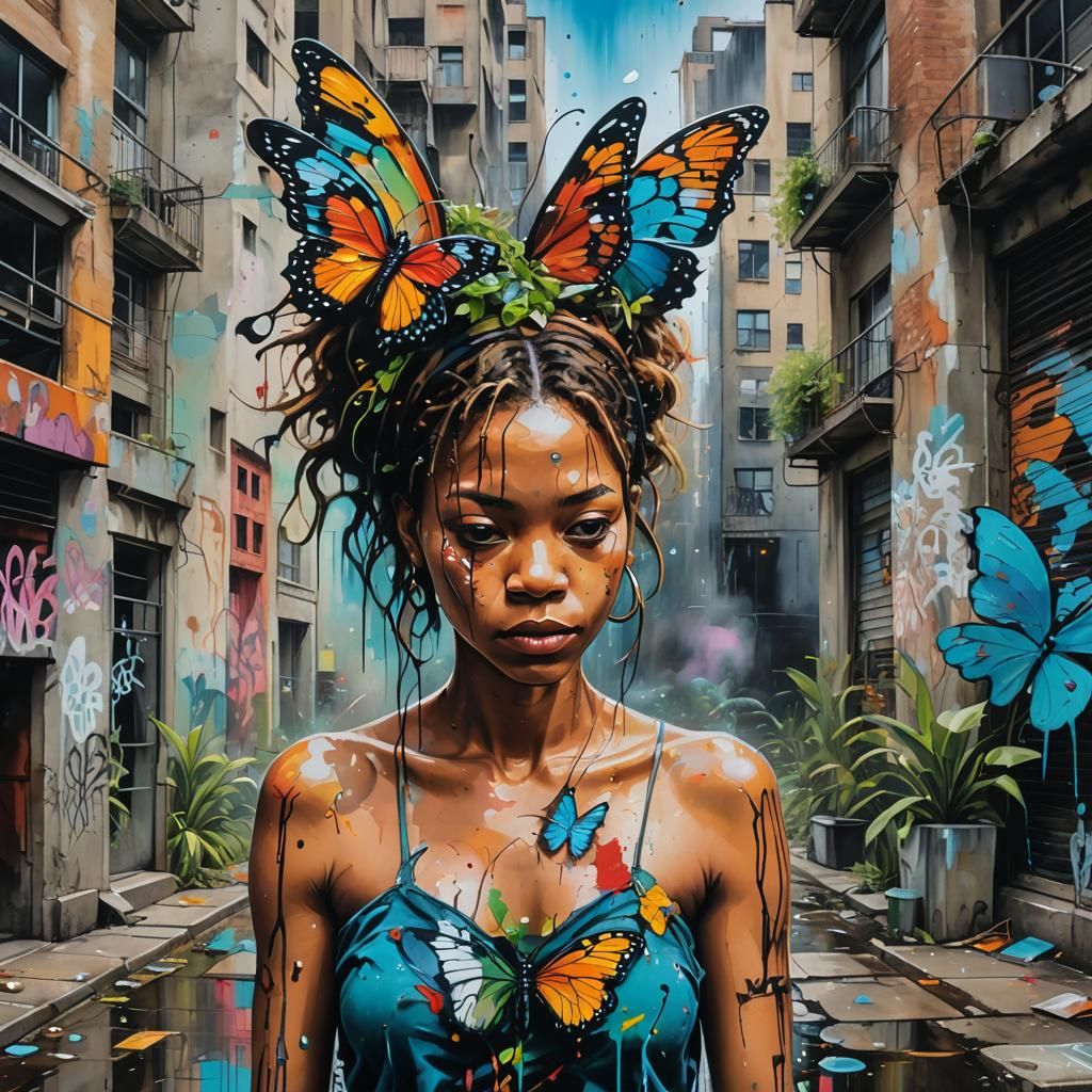 Woman with Butterfly Wings in Basquiat-Style Graffiti