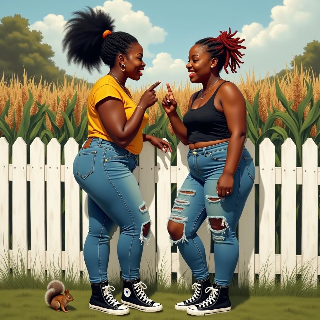 Two Women Laughing in Suburbs: Enamel Oil Painting