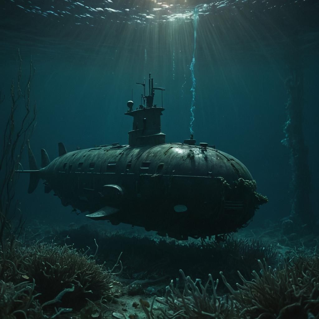 Submarine and Whale in Bioluminescent Ocean