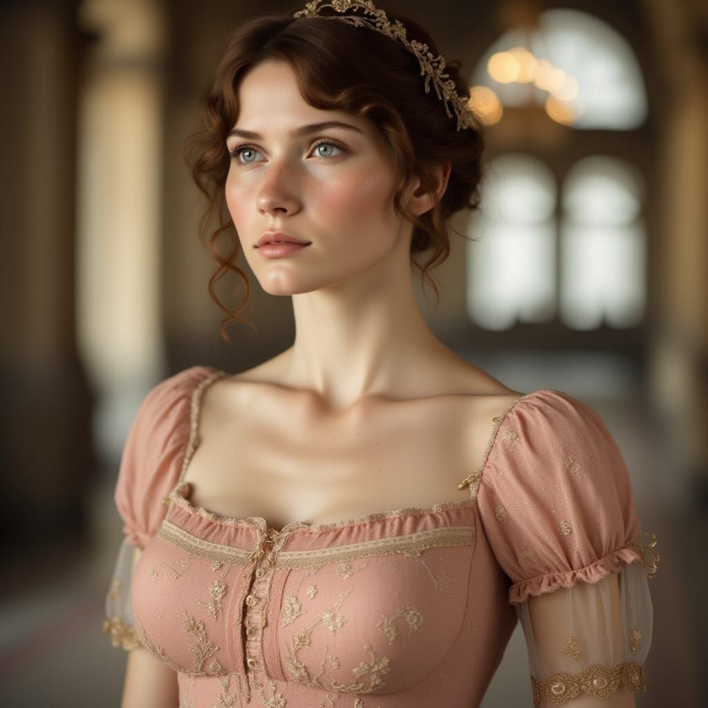 Regency Woman in Ballroom with Silk Gown