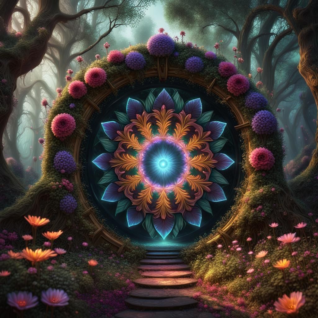 Mystic Flower Portal in Dark Forest: Fantasy Art