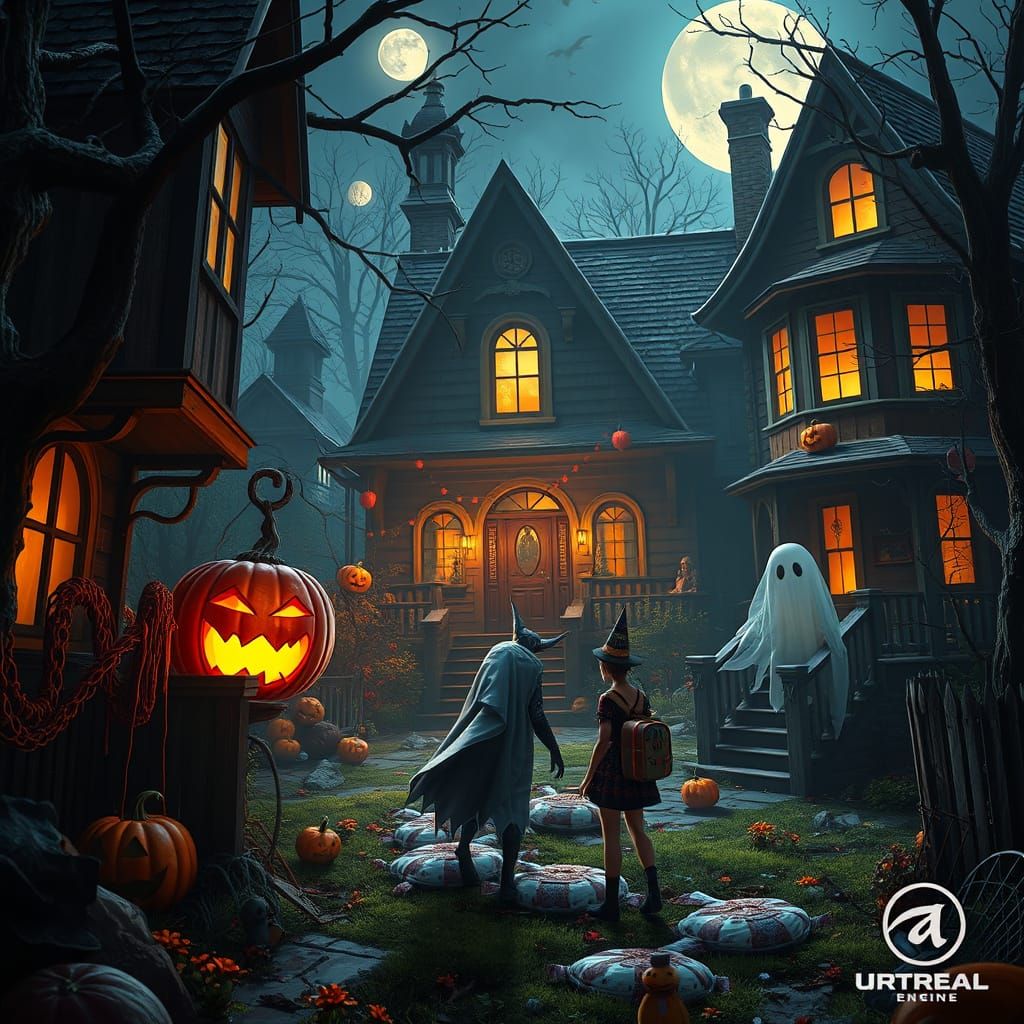 Spooky Halloween Night with Haunted Houses and Ghostly Candi...