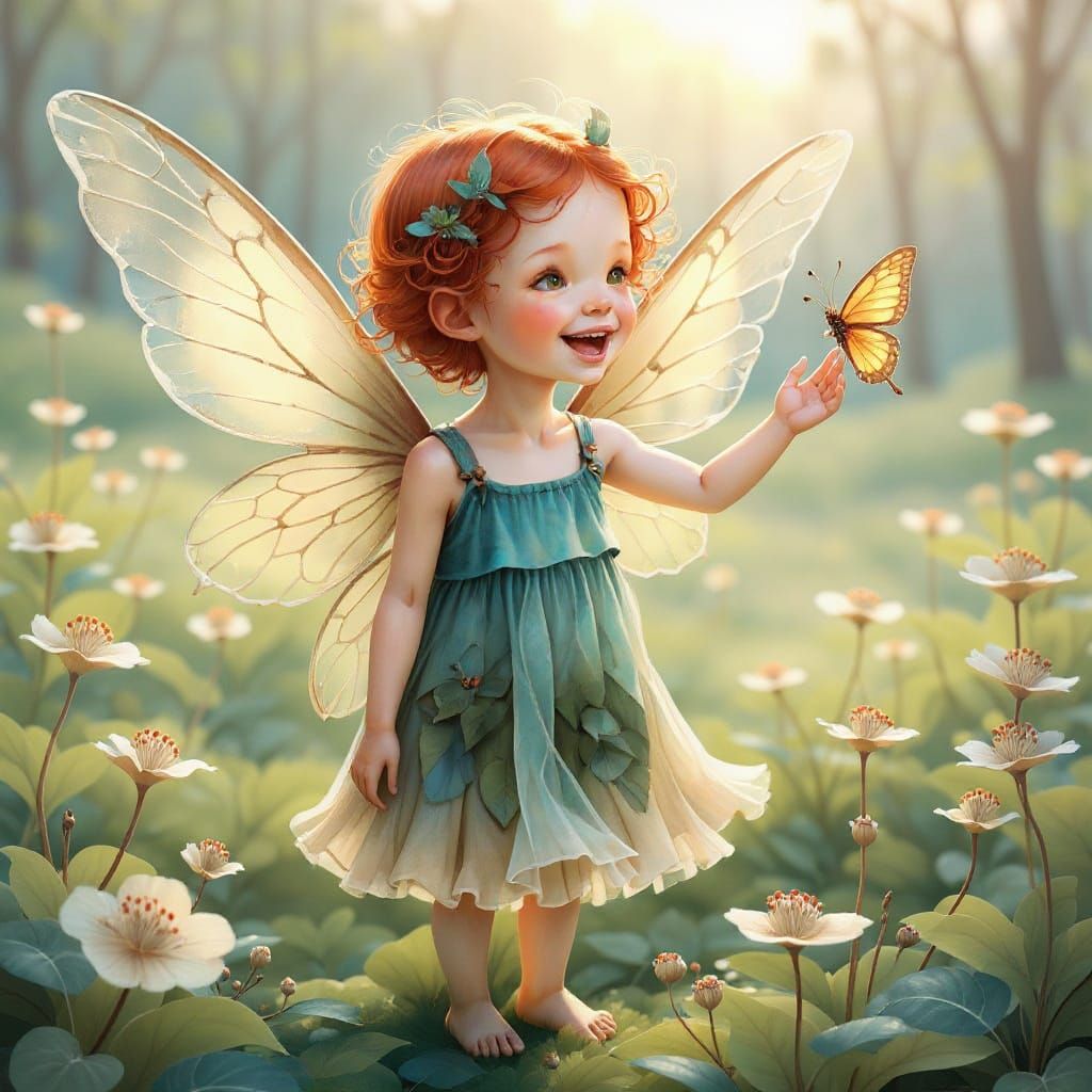 Pixie Girl in Wildflower Meadow, Watercolor Style