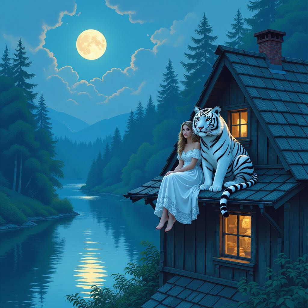 Girl and Tiger by Moonlit River