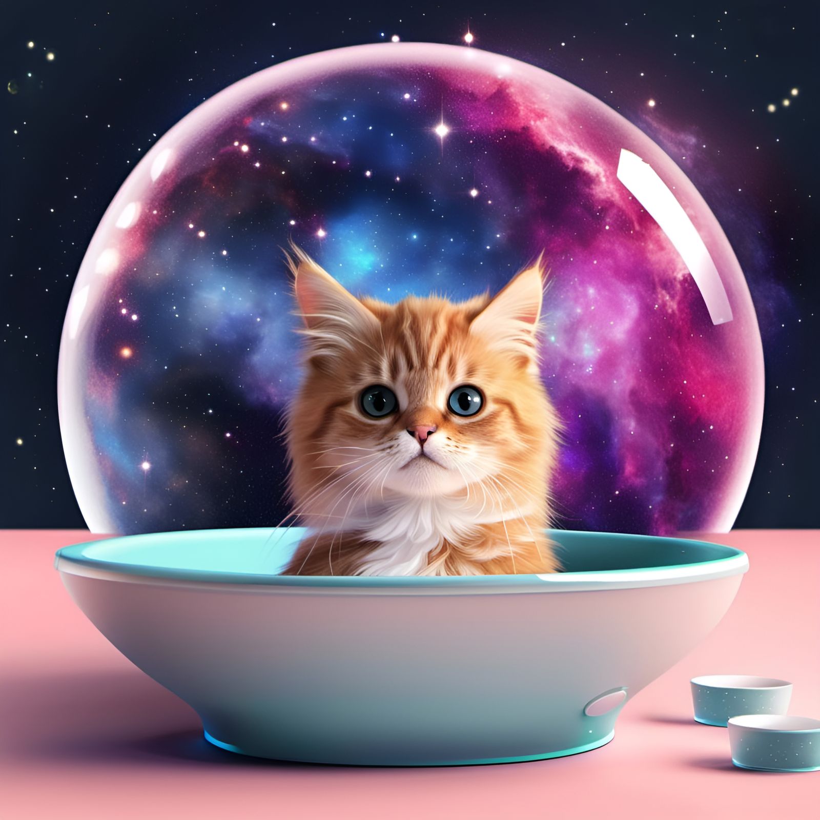 Cat Gazing at Galaxy in Food Bowl
