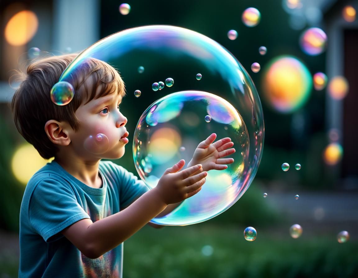 Child Blows Iridescent Bubble with Bokeh Lighting