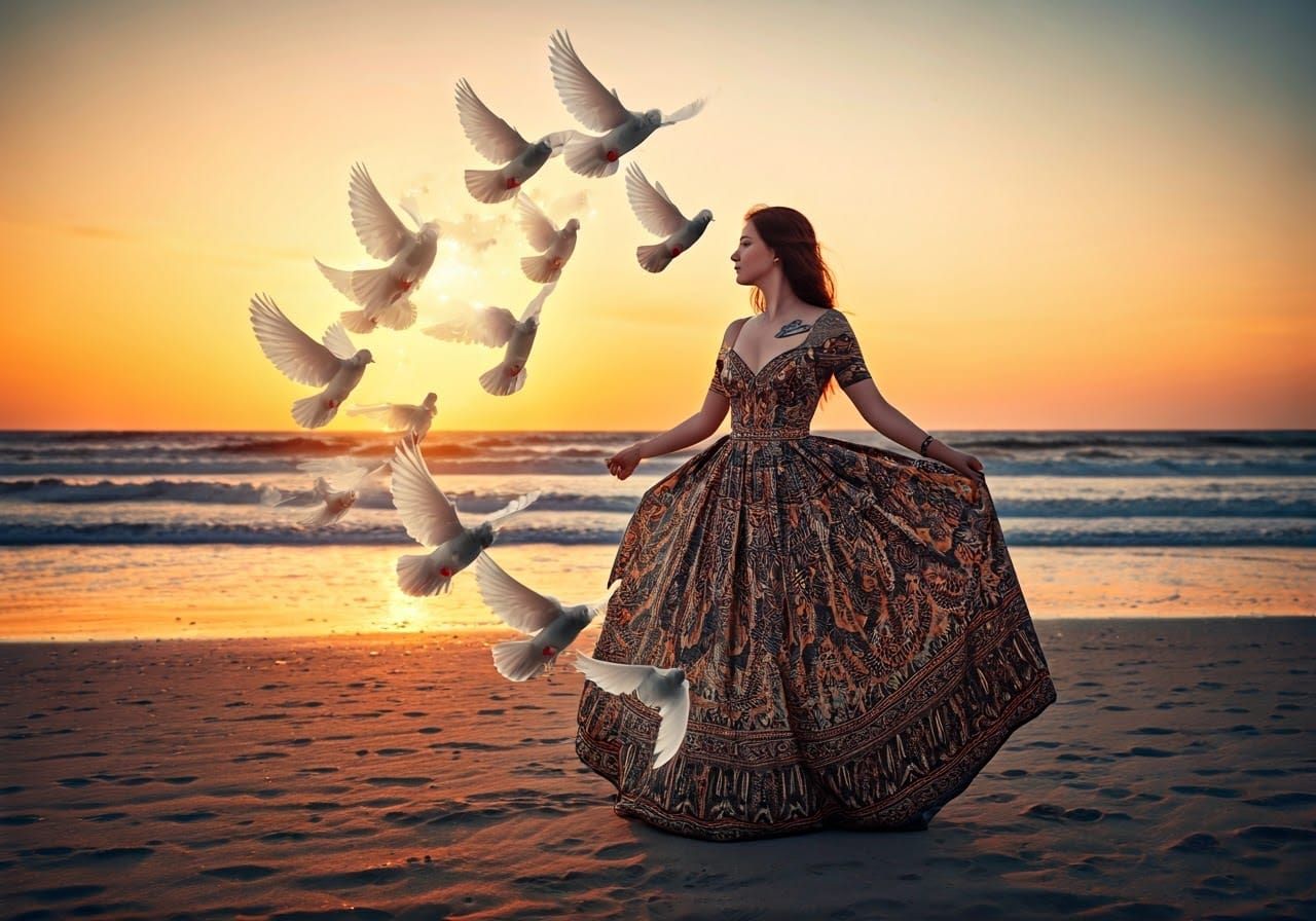 Elegant Woman Surrounded by Doves in Sunset Paradise