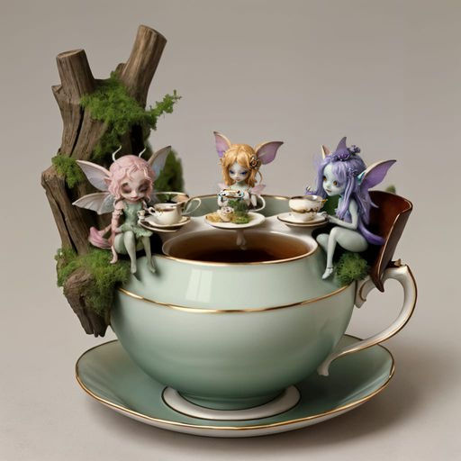 Whimsical Faeries and Monsters Share Tea in a Delicate Teacu...