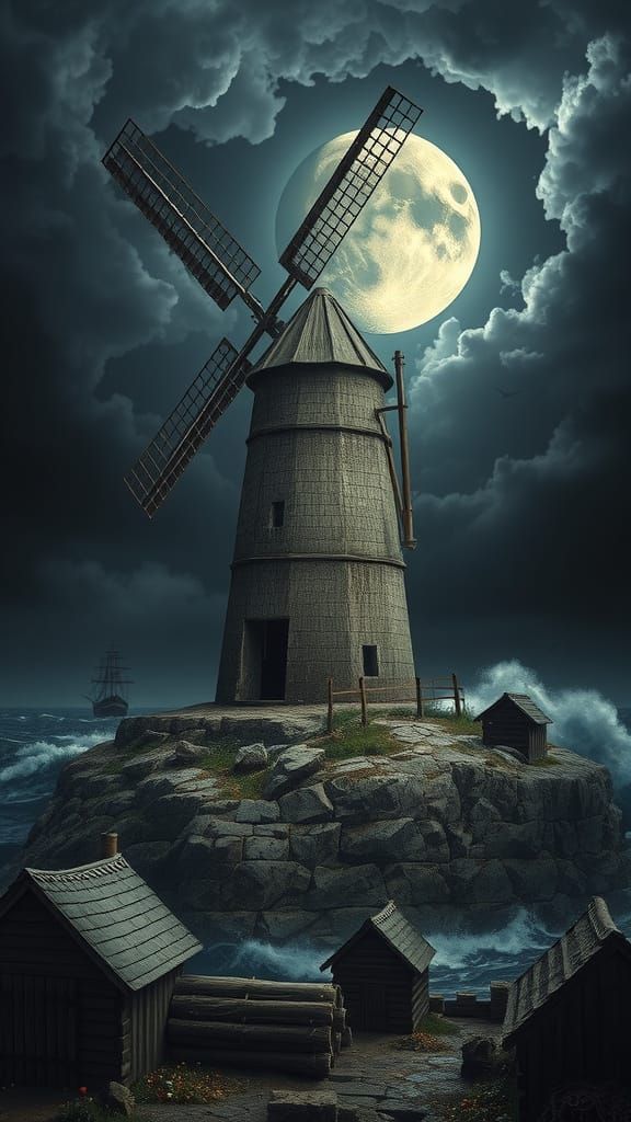 an old broken windmill on a Fels of stone. In the night, on the background a big big Moon. Stormy, cloudy, dark.