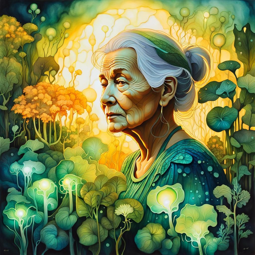 Old Woman in Bioluminescent Garden: Surreal Alcohol Ink Pain...