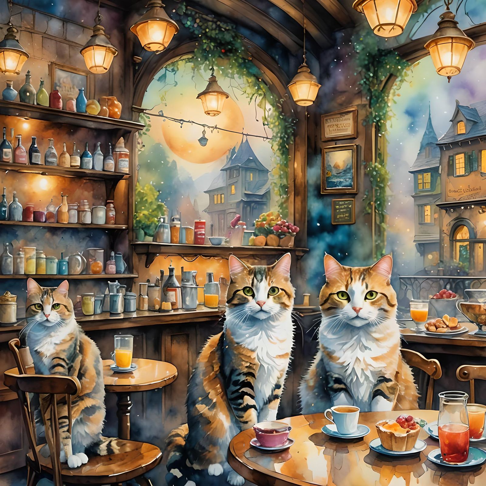 Cats in a Breakfast Cafe: Watercolor Fantasy