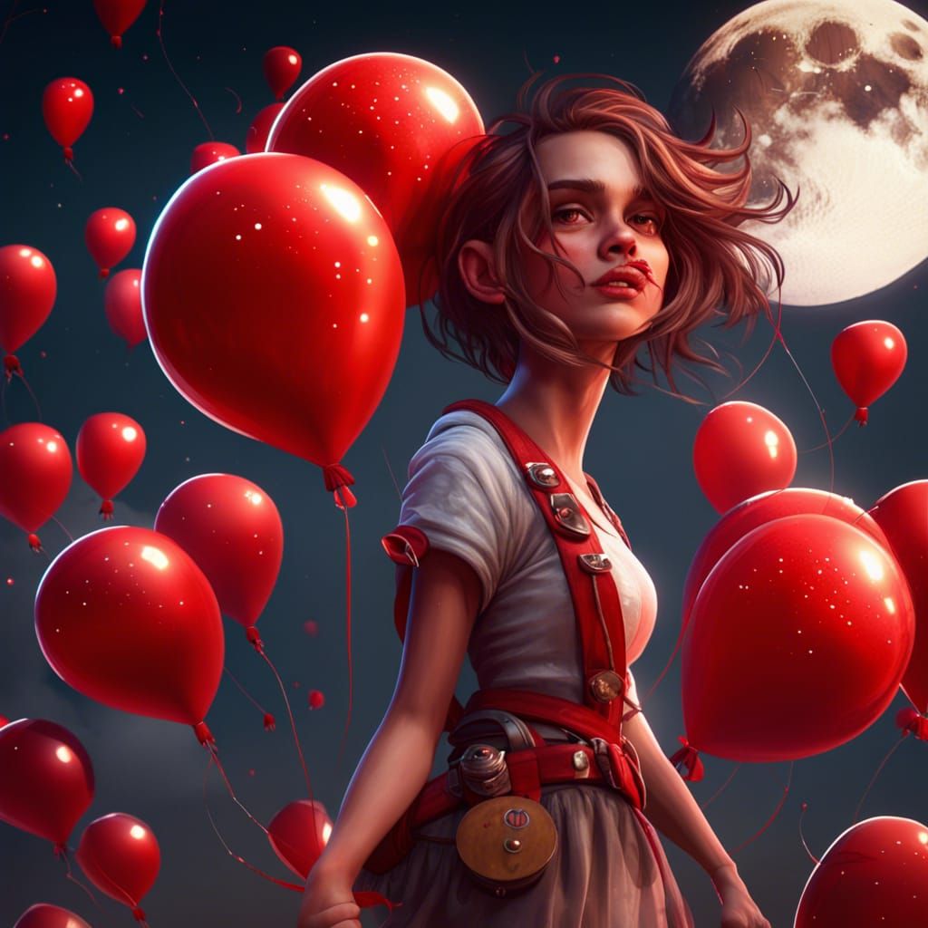 Girl with Red Balloons in Burtonesque Style