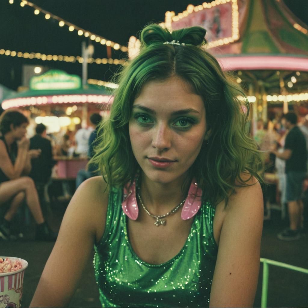 Cyberpunk Girl at Fairground in Polaroid Style