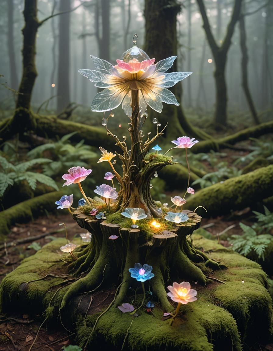 Glowing Fairy Lamp in Magical Forest, Surreal Art