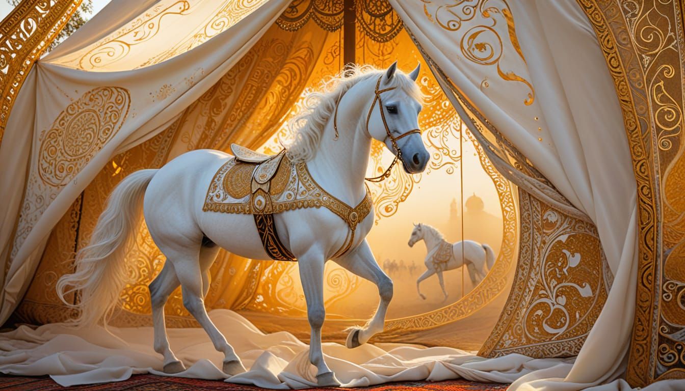 Arabian Horse and Tent in Whimsical Art Nouveau Style