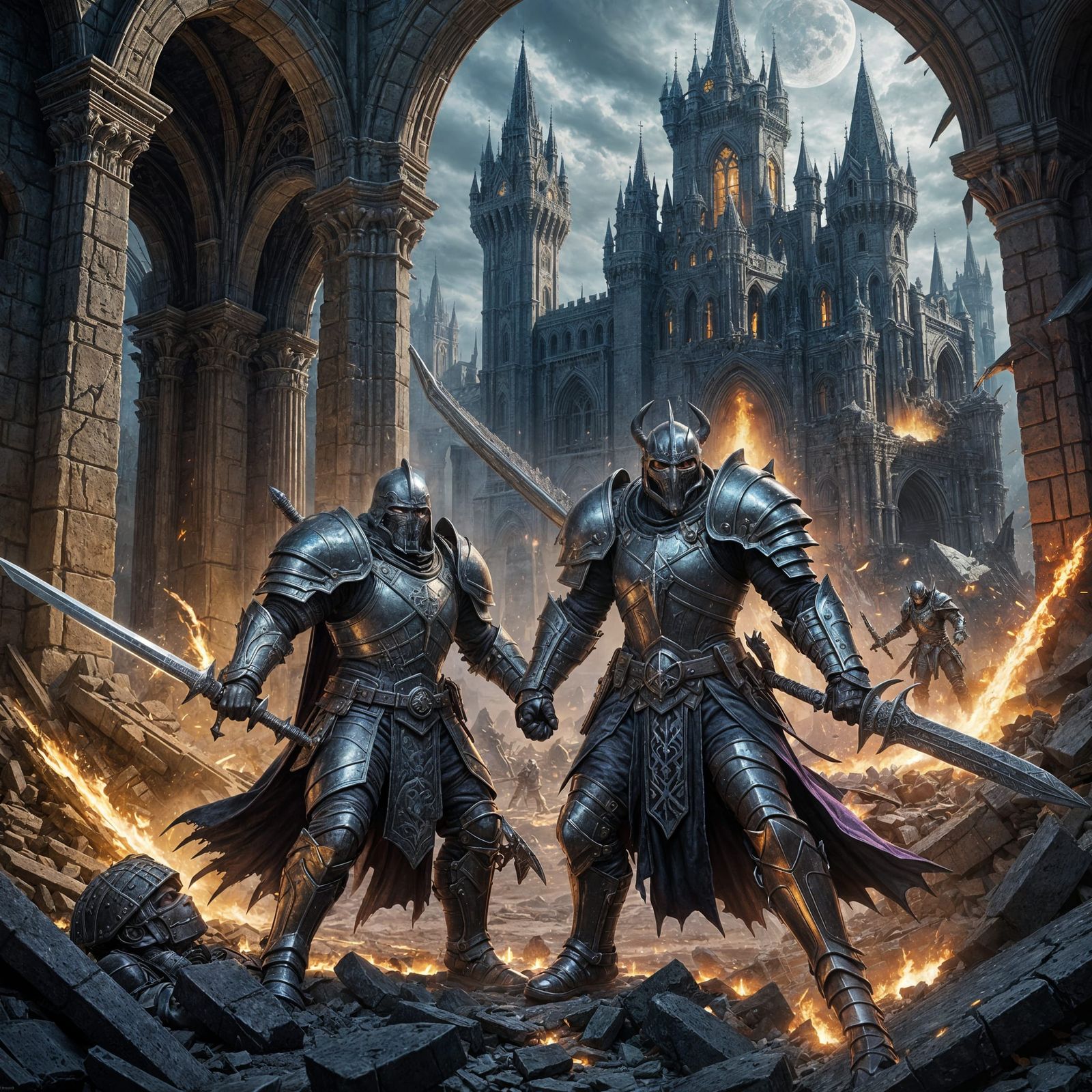 Death Knights Duel in Castle Ruins: Dark Fantasy Art