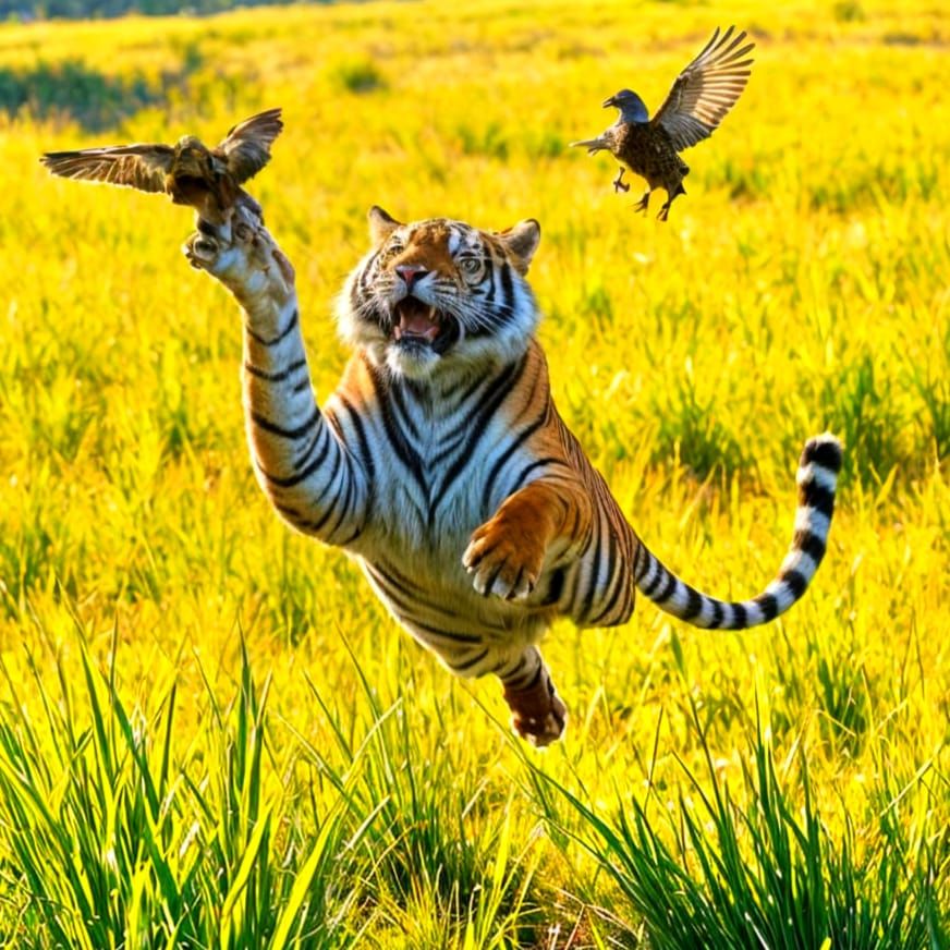 Tiger in Mid-Jump, Pheasant in Flight