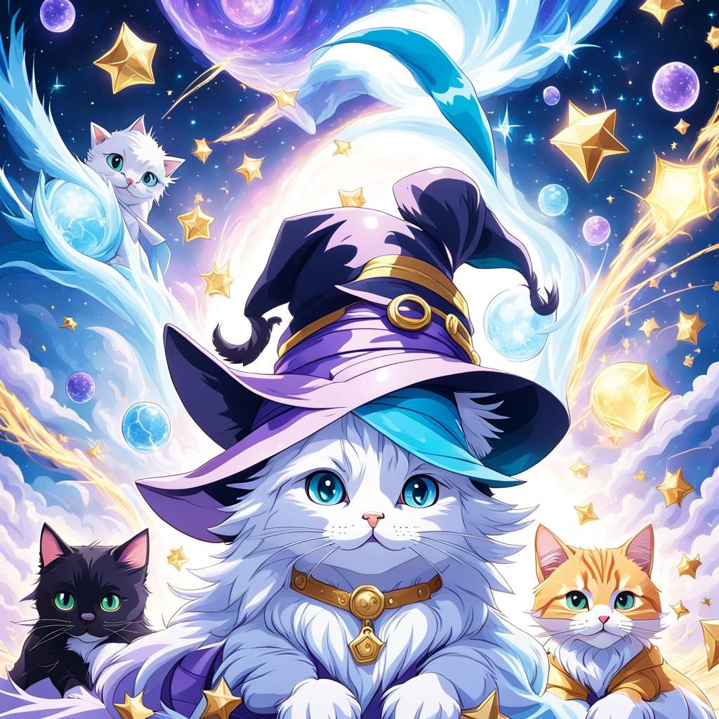 Cats in Wizard Hats in Anime Style