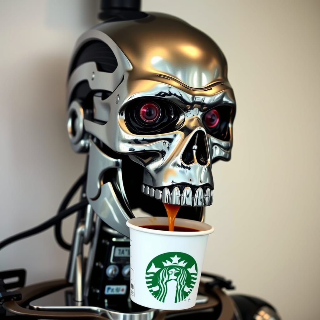Cyberpunk Terminator Dispenses Coffee into Starbucks Cup
