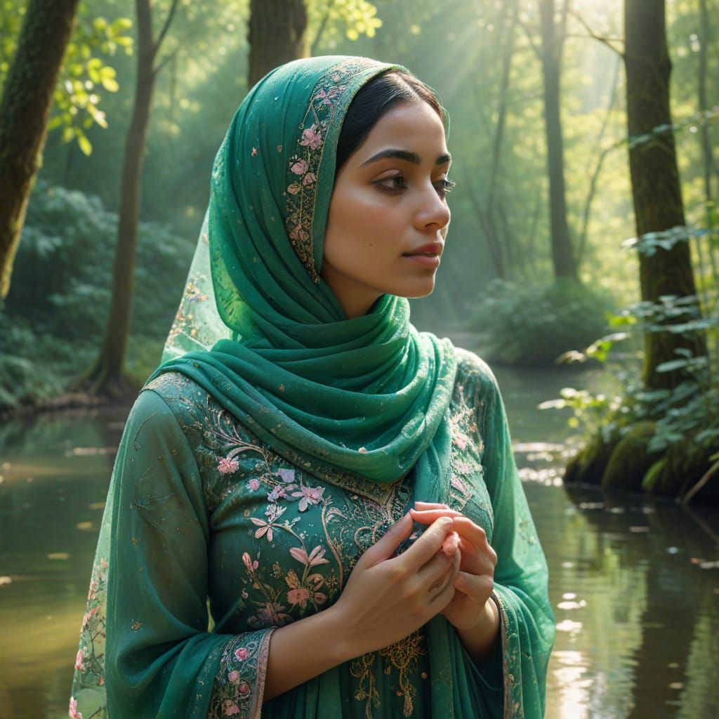 Woman in Green Hijab in Forest Concept Art