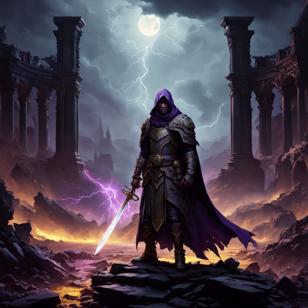 Dark Fantasy Warrior in a Stormy Battlefield