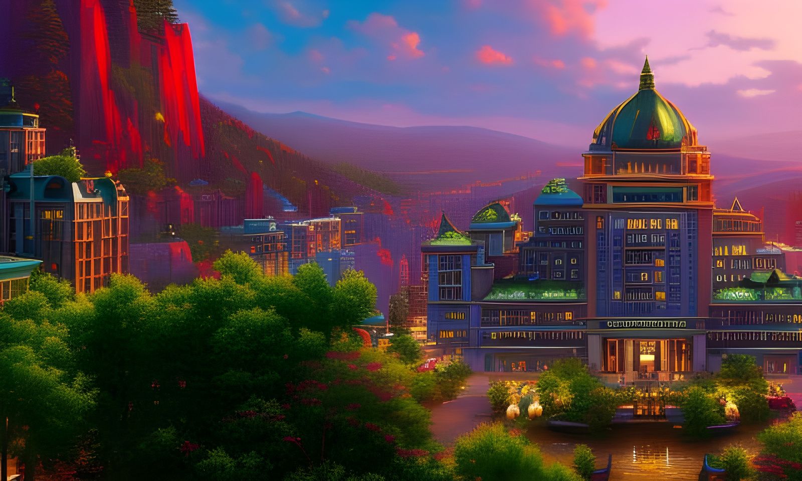 Superhero Gathering in Plaza with Atlas Statue