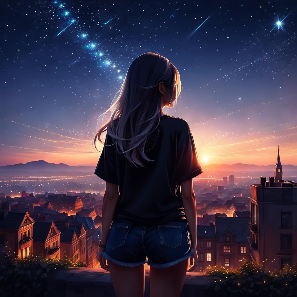 Girl Gazing at Twinkling Stars Above City