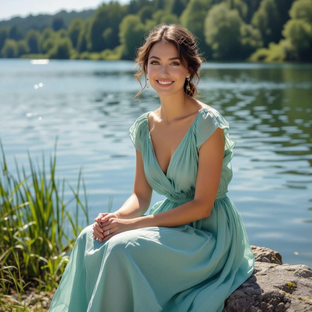 European Woman in Light Green Dress by Lake, Impressionist S...