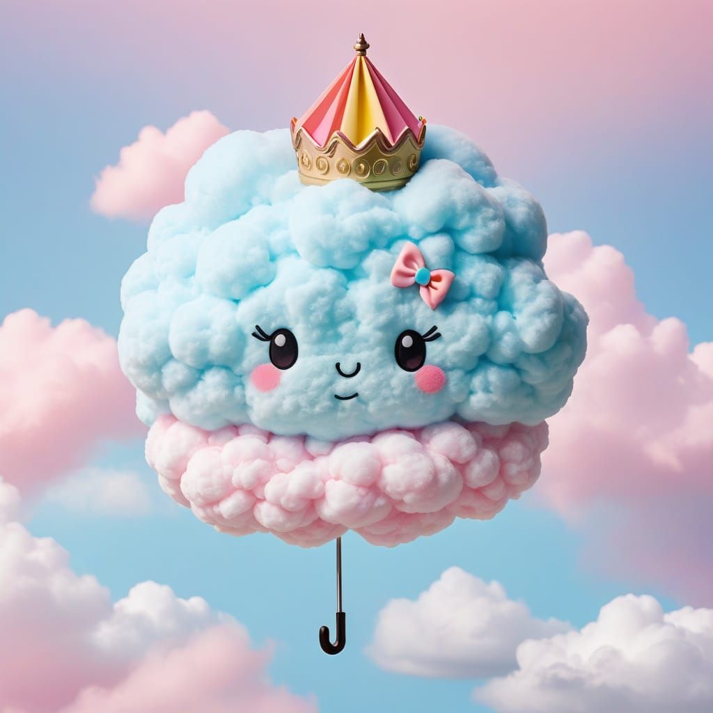 Pastel Cloud with Rainbow Umbrella in Kawaii Style