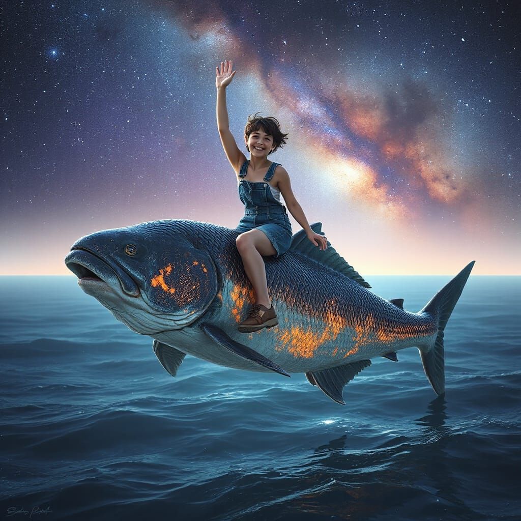 Woman Rides Bioluminescent Cosmic Fish Under Nebula Sky