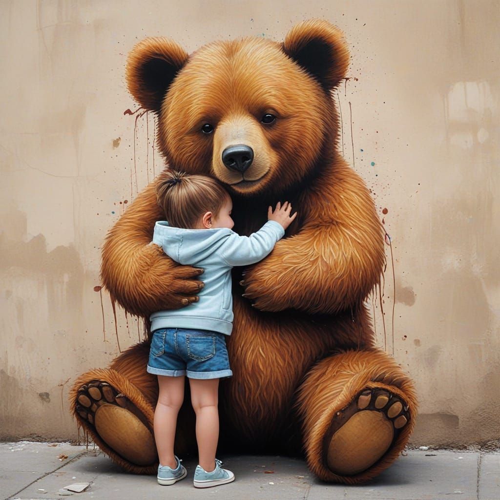 Cuddly Bear Hugging Child: Detailed Street Art