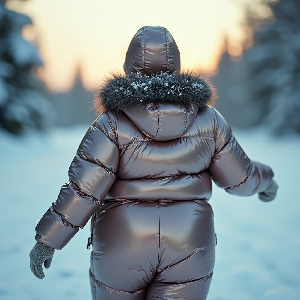 Woman in Puffer Suit Playing in Winter Snow