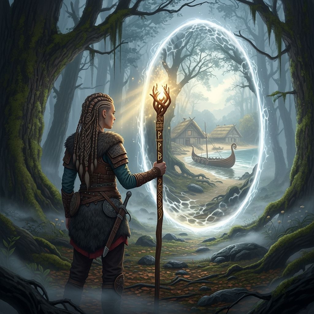 Viking Woman Gazes into Ethereal Portal