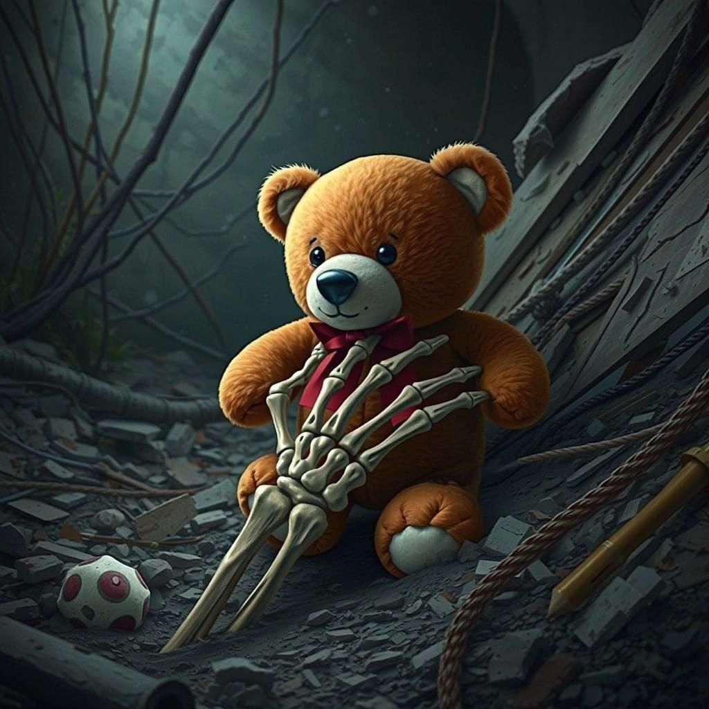 Skeletal Hand Holding Teddy Bear in Ruins