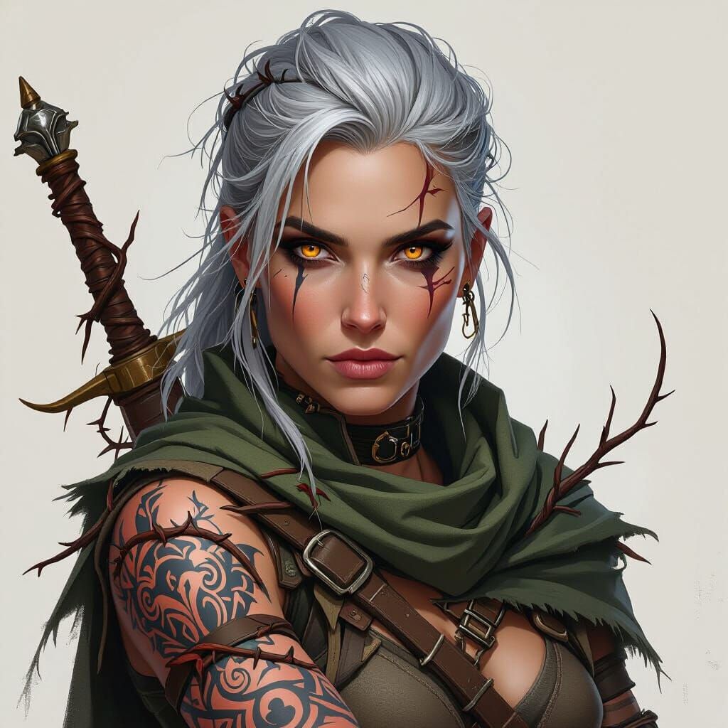 Sharp-Faced Druid Ranger with Thorn Tattoo